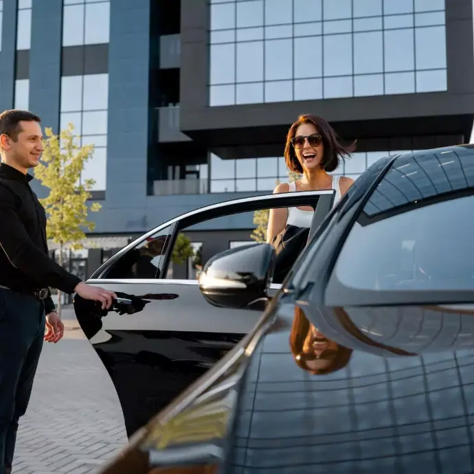 Service VTC attentionné : chauffeur VTC ouvre la porte pour une passagère heureuse